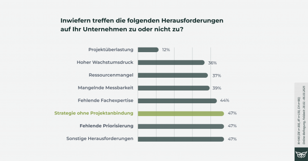 Laut der CMO-Studie 2025 z&auml;hlen fehlende Priorisierung und Strategie ohne Projektanbindung zu den gr&ouml;&szlig;ten Herausforderungen im Marketing (&copy; CMO-Studie 2025, Evergreen Media AR GmbH).
