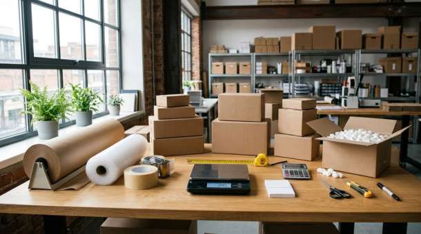 Packstation mit Polstermaterialien und Kartonagen