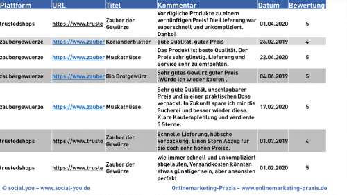 Auszug einer aufbereiteten Datenbasis in Excel