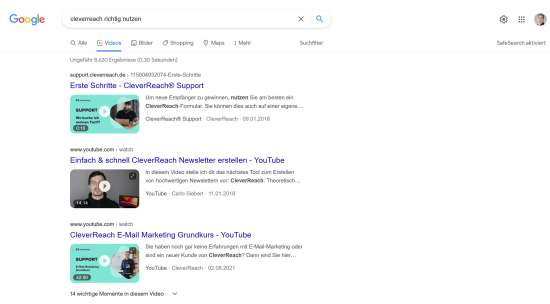 Suchergebins von Onlinevideos bei Google