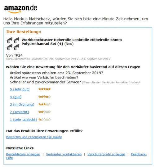 E-Mail mit Aufforderung zur Produktbewertung bei Amazon