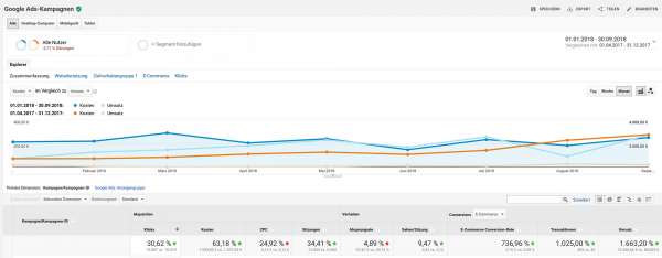Kosten und Umsatz von Google Ads Kampagnen eines Online-Shops im Zeitraumvergleich