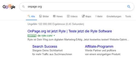 Google Ads Suchanzeige von ryte mit Info zur Umfirmierung