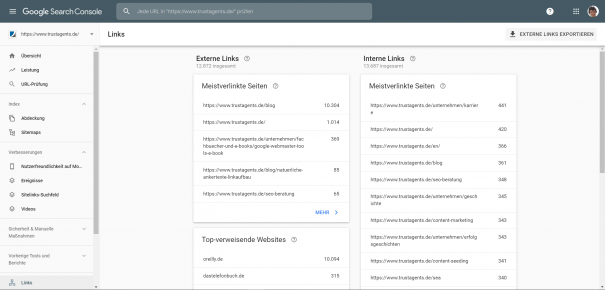 Abbildung 13 Der Links-Bericht zeigt Ihnen die interne und externe Verlinkung Ihrer Website an