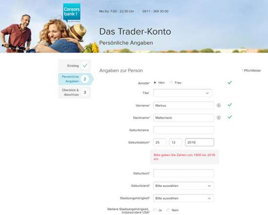 Formular mit Inline-Validierung der Consors Bank