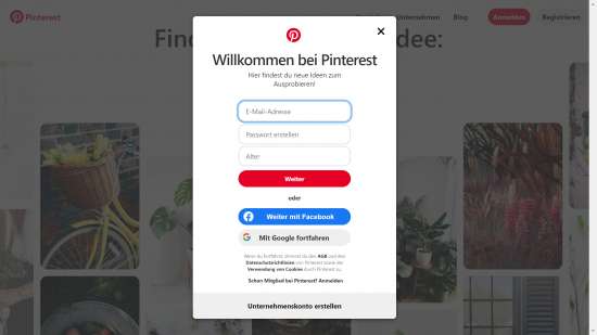 Registrierungsformular mit Social Logins bei Pinterest