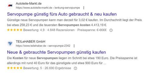 Snippets mit Bewertungen bei Google