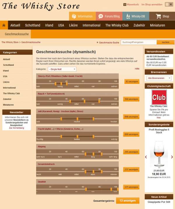 Produktfilter nach Geschmack von Whisky