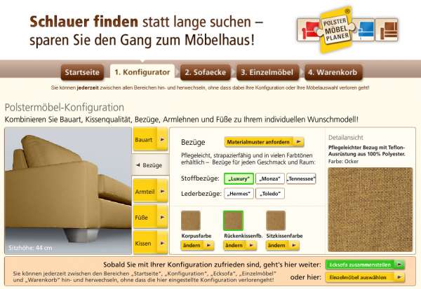 Produktkonfigurator für Polstermöbel - Schritt 1