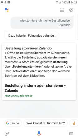Screenshot Google Assistant Zalando Bestellung stornieren