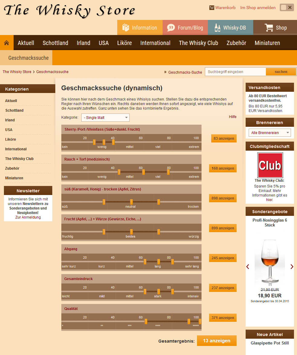 Produktfilter nach Geschmack von Whisky